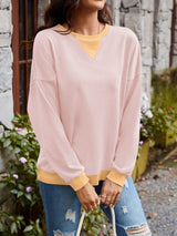 Contrast Round Neck Long Sleeve Sweatshirt - Trendsi - Flyclothing LLC