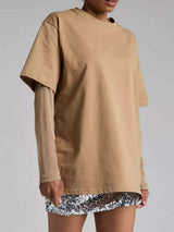 Faux Layered Round Neck Mesh Sleeve Top - Trendsi - Flyclothing LLC