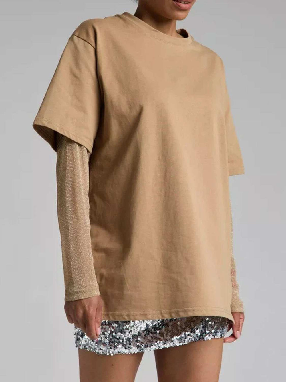 Faux Layered Round Neck Mesh Sleeve Top - Trendsi - Flyclothing LLC