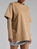 Faux Layered Round Neck Mesh Sleeve Top - Trendsi - Flyclothing LLC