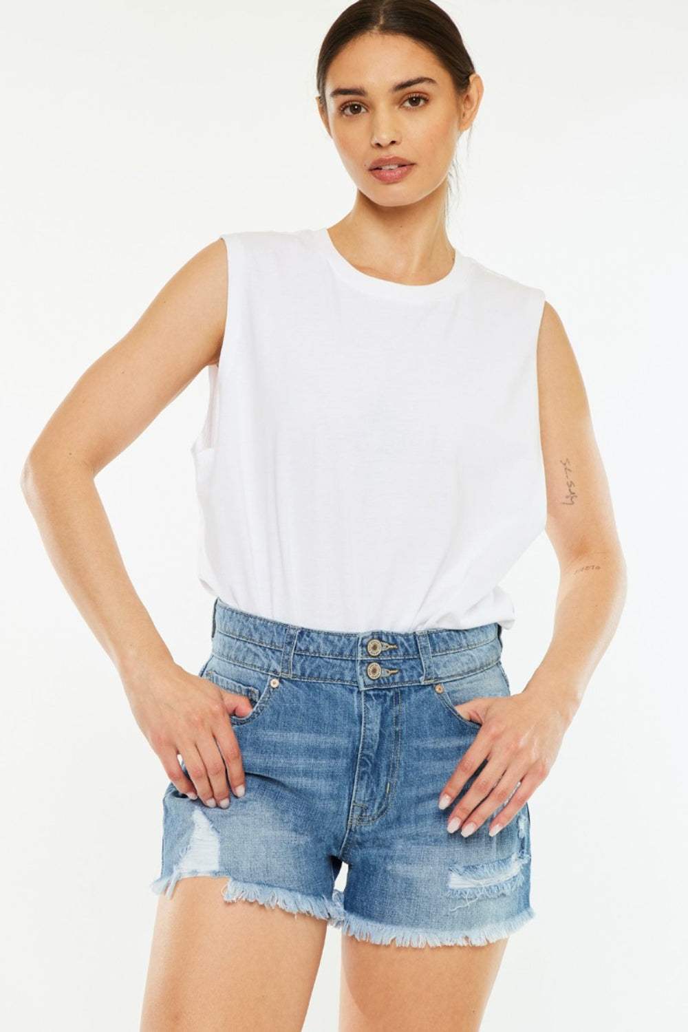 Kancan Full Size High Rise Raw Hem Denim Shorts - Trendsi - Flyclothing LLC