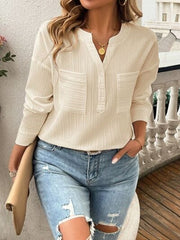 Devine Pocketed Notched Long Sleeve Blouse - Trendsi