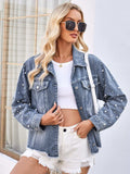 Pearl Trim Raw Hem Denim Jacket - Trendsi - Flyclothing LLC