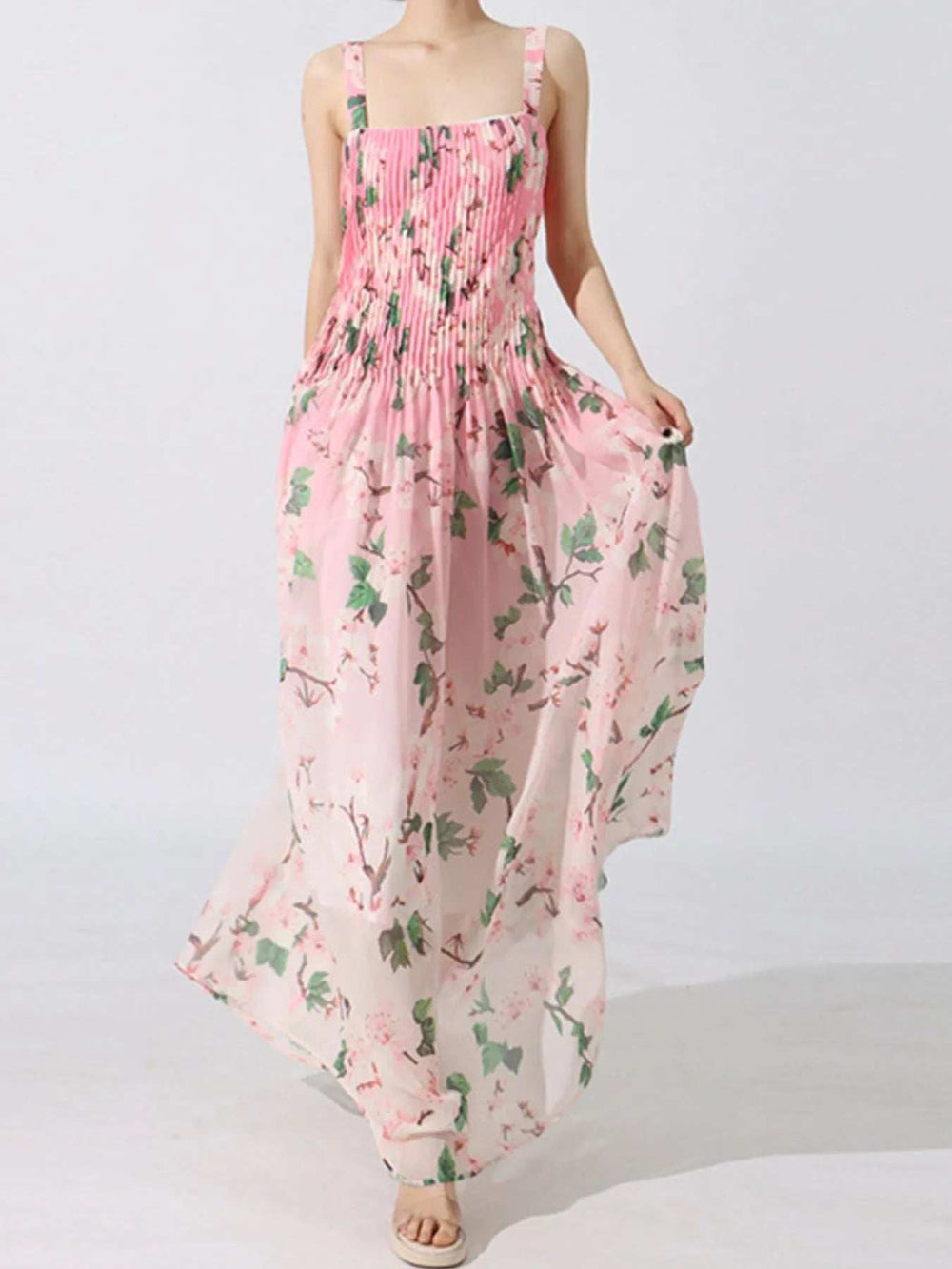 Floral Print Pleated Maxi Dress - Trendsi - Flyclothing LLC