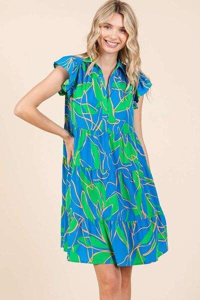 Mittoshop Leaf Print Ruffle Sleeve Tiered Mini Dress - Trendsi - Flyclothing LLC