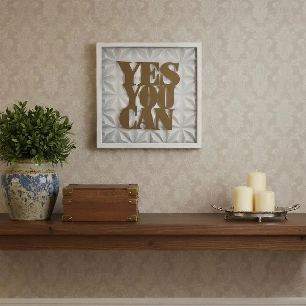 14" X 14" Antiqued Brass And White Yes You Can Metal And Wood Square Wall Decor - Homeroots - Flyclothing LLC