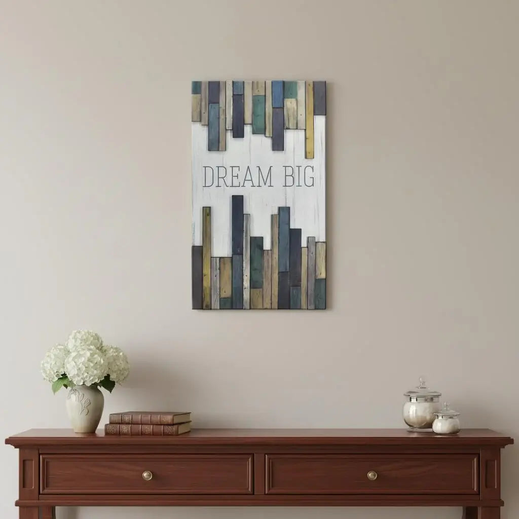 32" X 19" Blue Tan And White Dream Big Wood Wall Decor - Homeroots - Flyclothing LLC