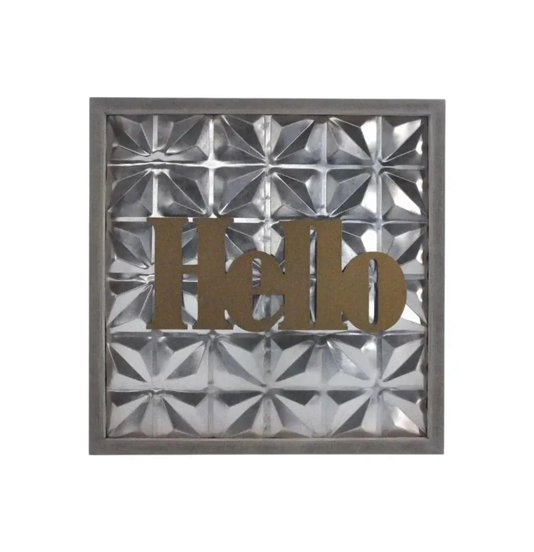 14" X 14" Antiqued Brass And Gray Hello Metal And Wood Square Wall Decor - Homeroots - Flyclothing LLC