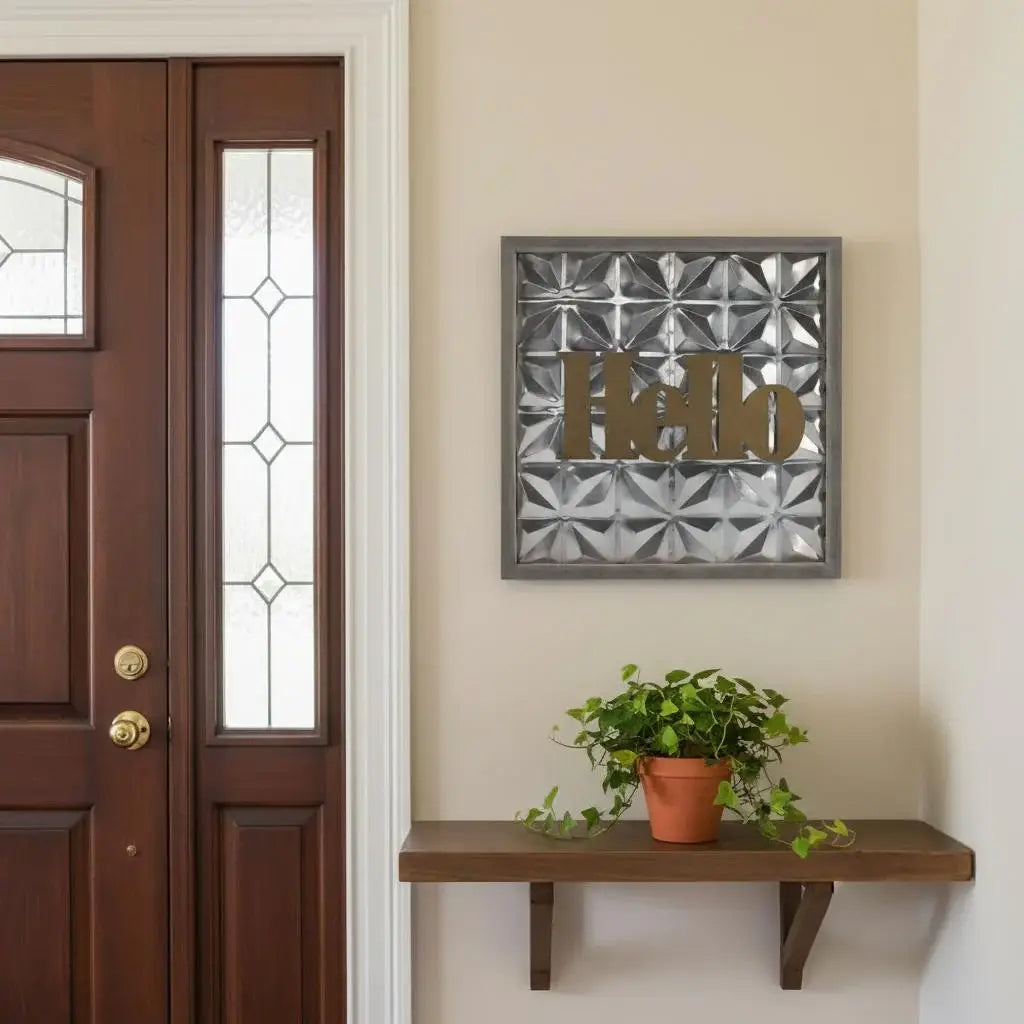 14" X 14" Antiqued Brass And Gray Hello Metal And Wood Square Wall Decor - Homeroots - Flyclothing LLC