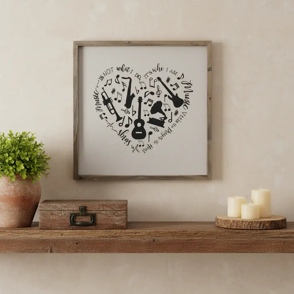 16" X 16" Black And White Heart Music Wood Square Framed Art - Homeroots - Flyclothing LLC
