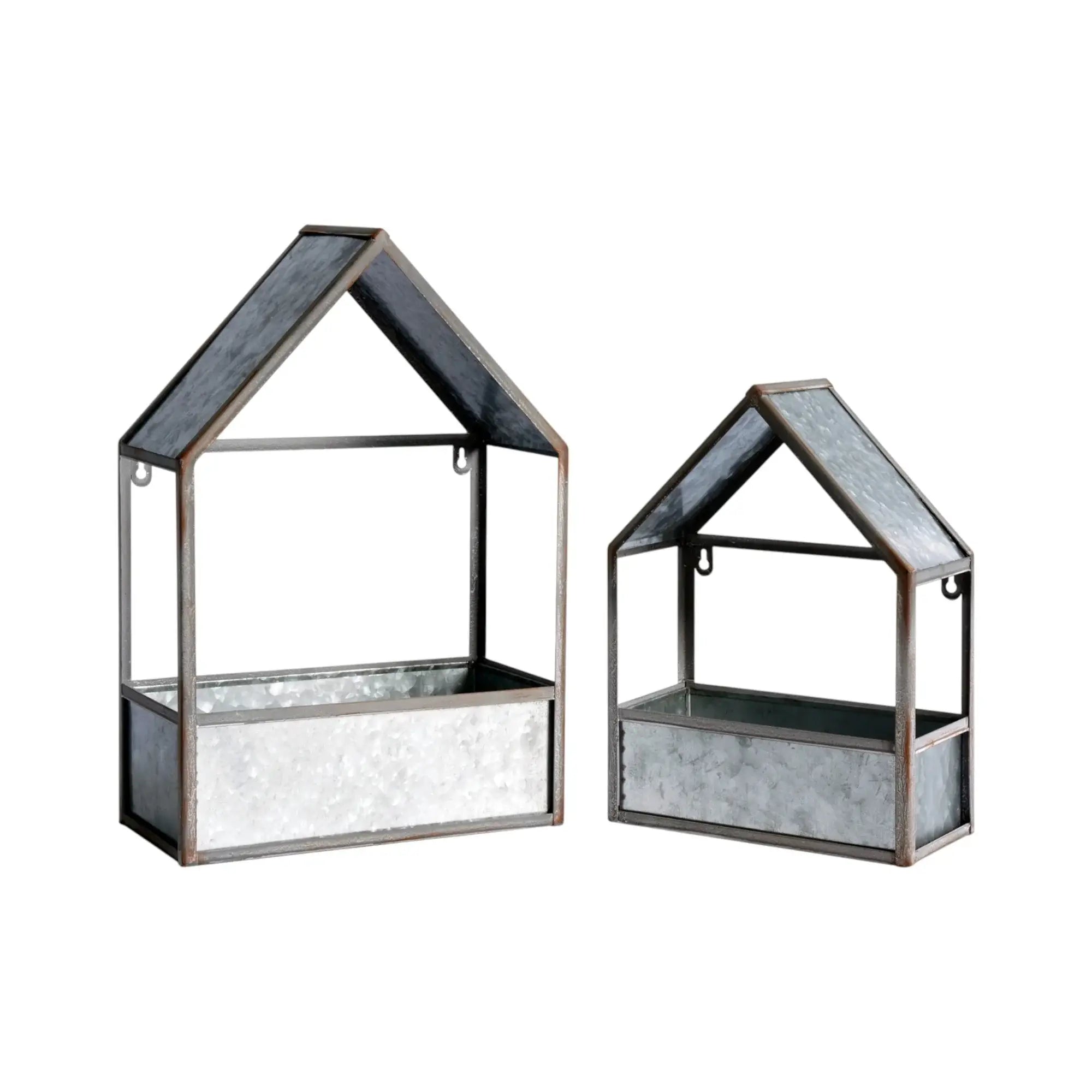 Set of Two Gray Galvanized Metal Novelty House Shaped Hanging Planters - Homeroots - Flyclothing LLC