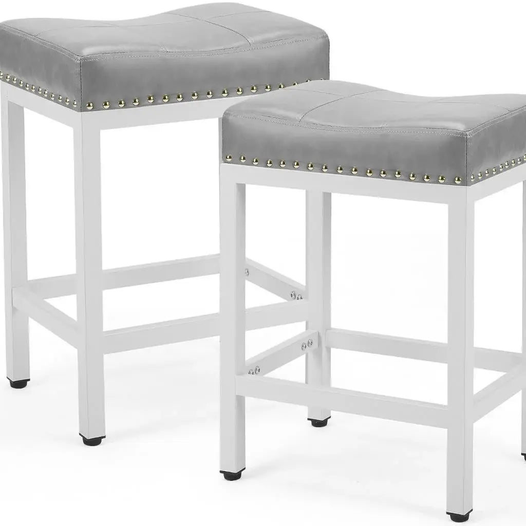 Set of Two 22" Gray and White Faux Leather and Steel Backless Bar Chairs - Homeroots - Flyclothing LLC