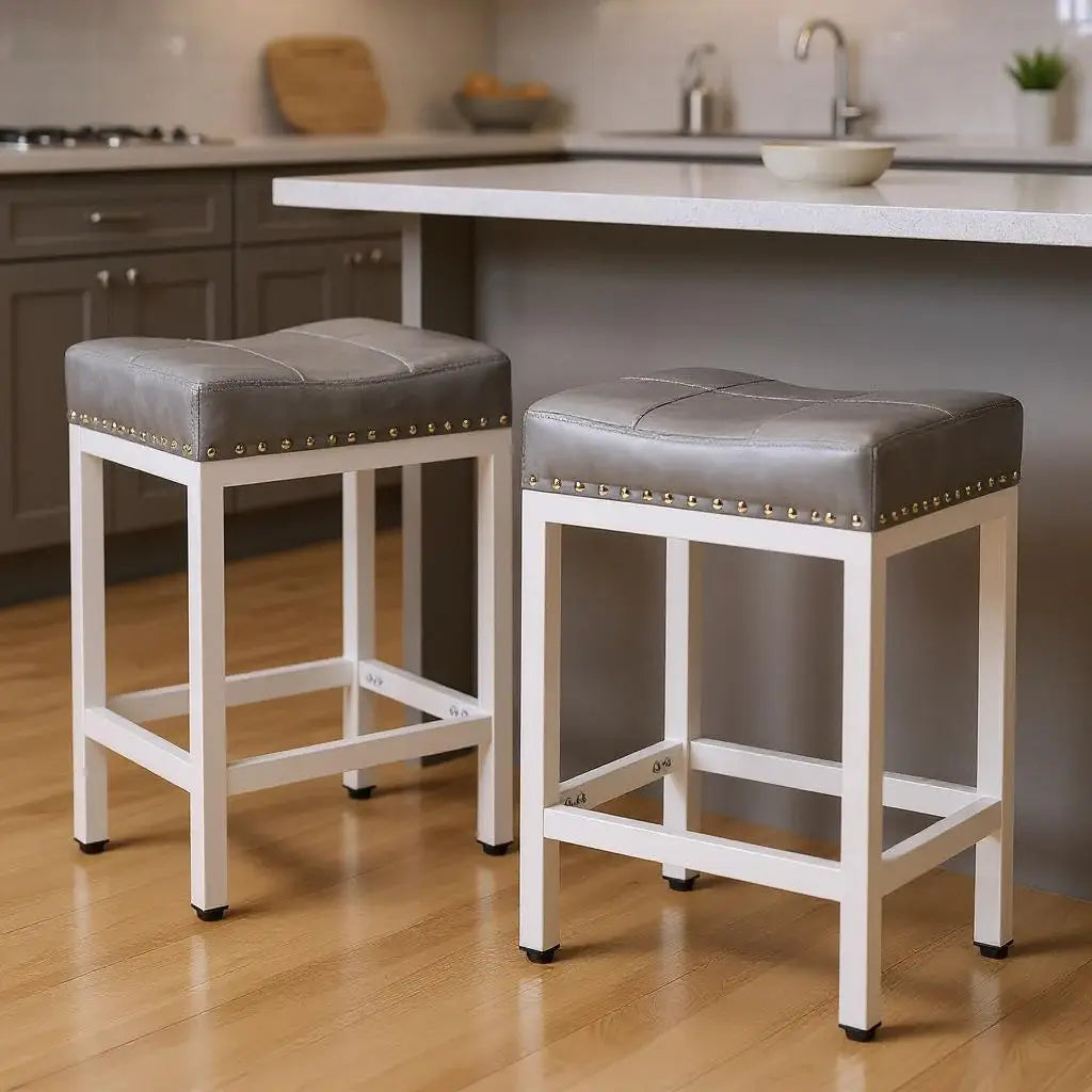 Set of Two 22" Gray and White Faux Leather and Steel Backless Bar Chairs - Homeroots - Flyclothing LLC