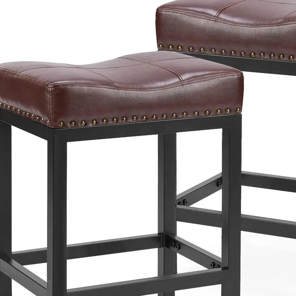 Set of Two 22" Brown and Black Faux Leather and Steel Backless Bar Chairs - Homeroots - Flyclothing LLC