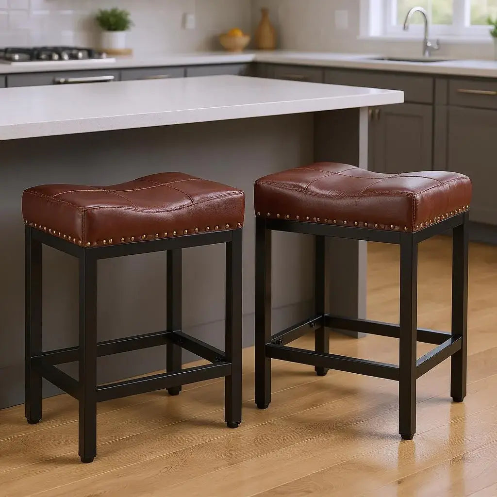 Set of Two 22" Brown and Black Faux Leather and Steel Backless Bar Chairs - Homeroots - Flyclothing LLC