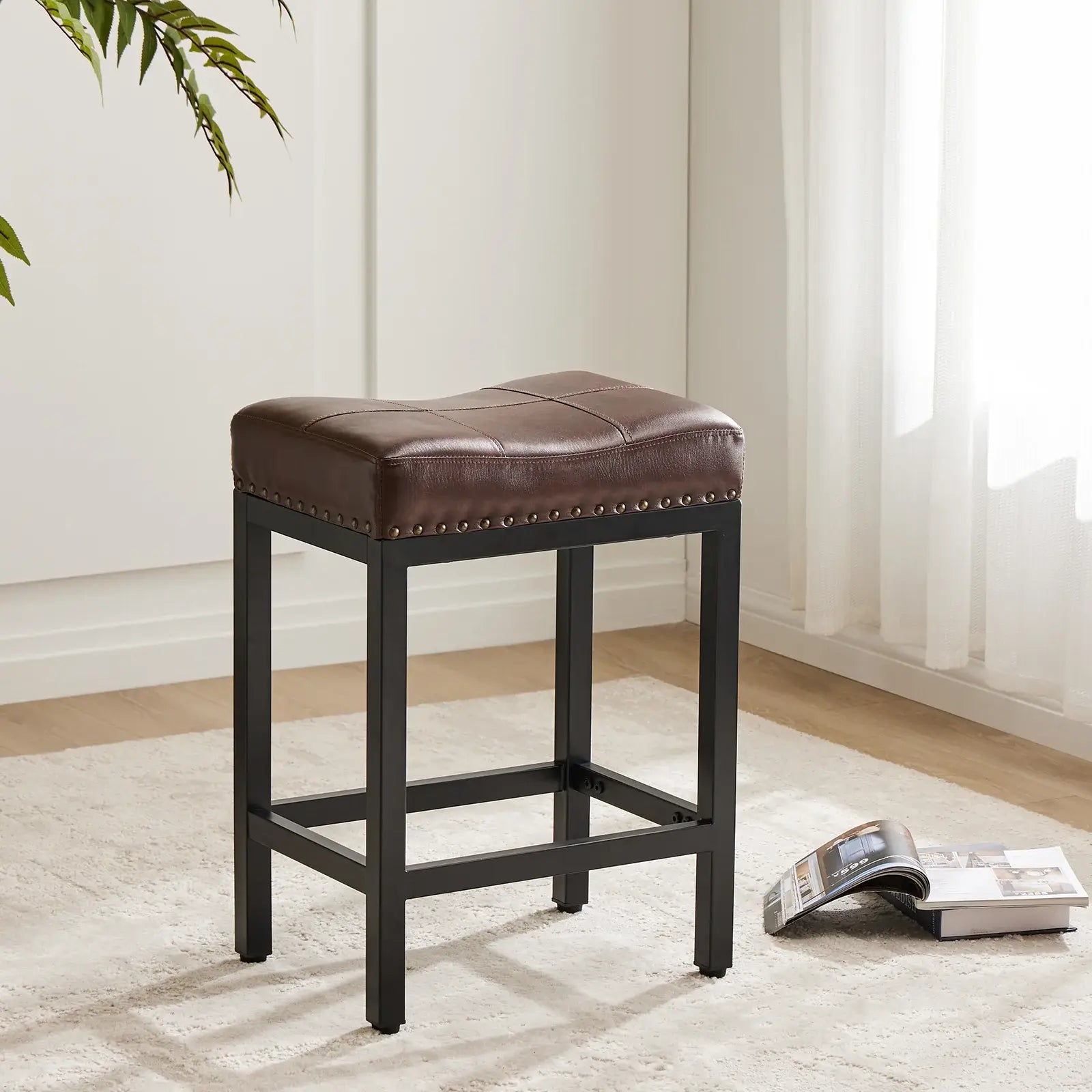 Set of Two 22" Brown and Black Faux Leather and Steel Backless Bar Chairs - Homeroots - Flyclothing LLC