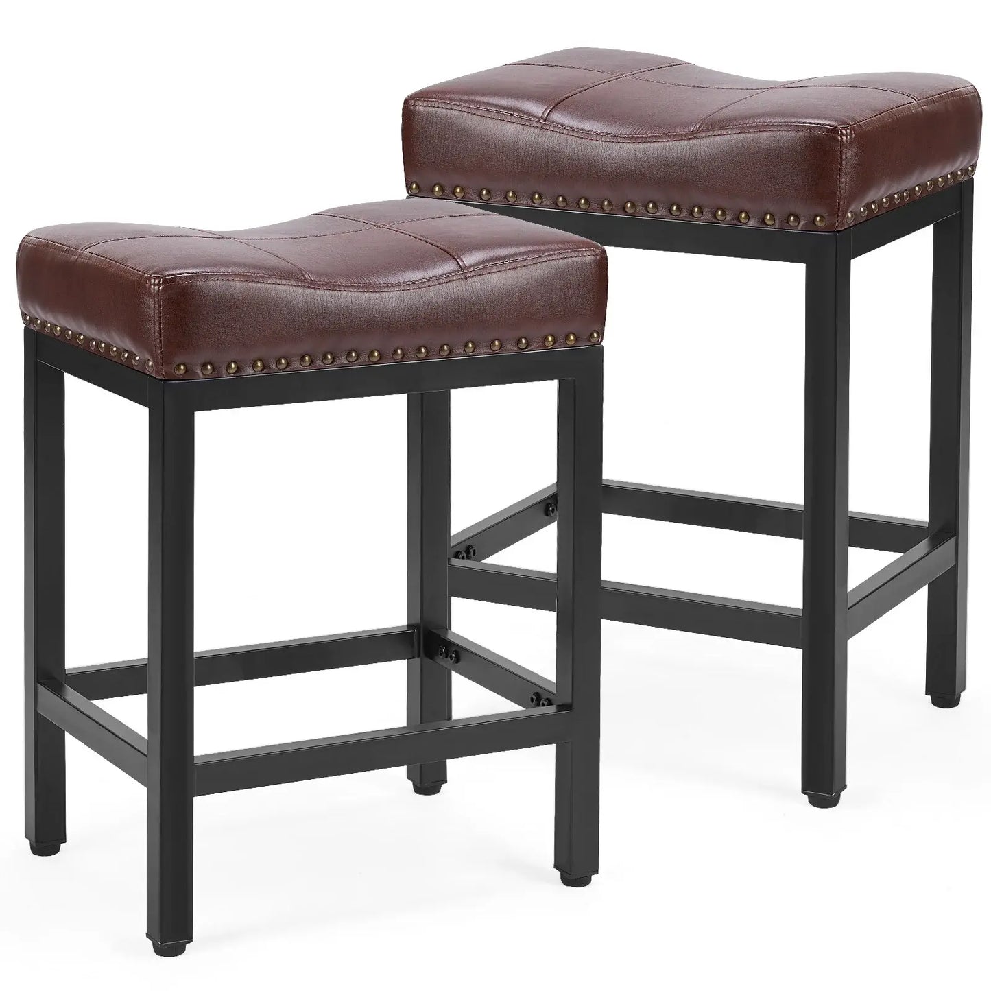 Set of Two 22" Brown and Black Faux Leather and Steel Backless Bar Chairs - Homeroots - Flyclothing LLC
