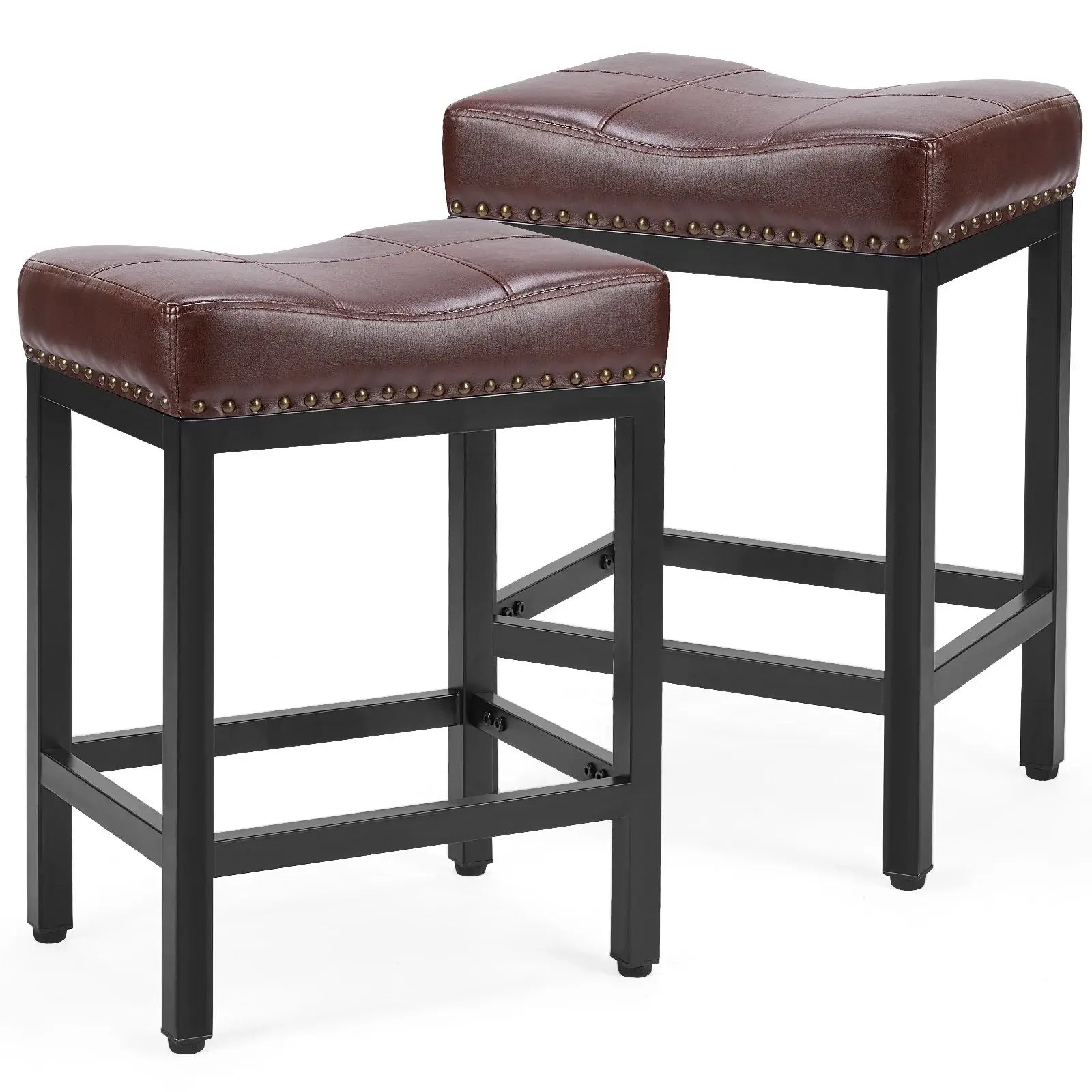 Set of Two 22" Brown and Black Faux Leather and Steel Backless Bar Chairs - Homeroots - Flyclothing LLC