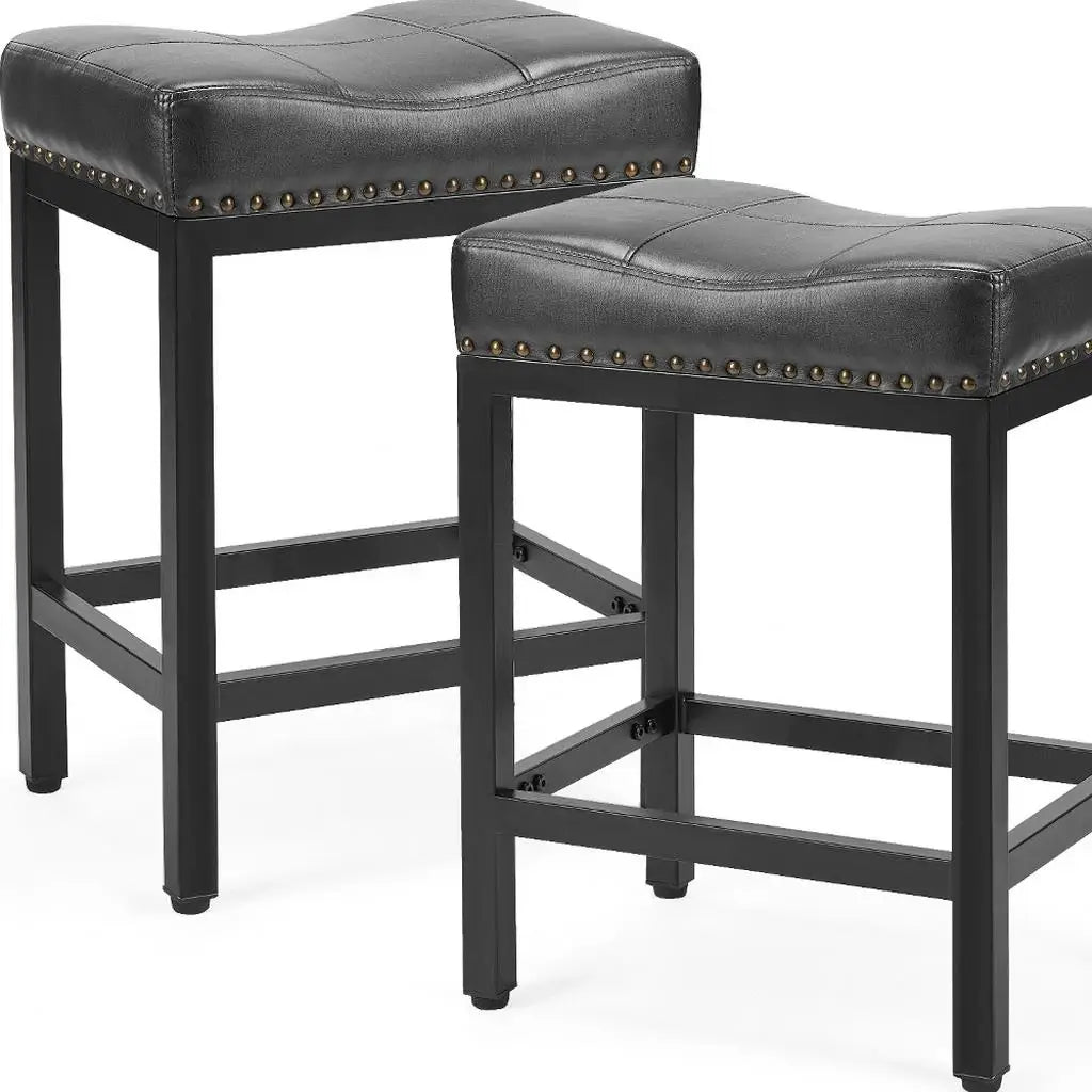 Set of Two 22" Black Faux Leather and Steel Backless Bar Chairs - Homeroots - Flyclothing LLC