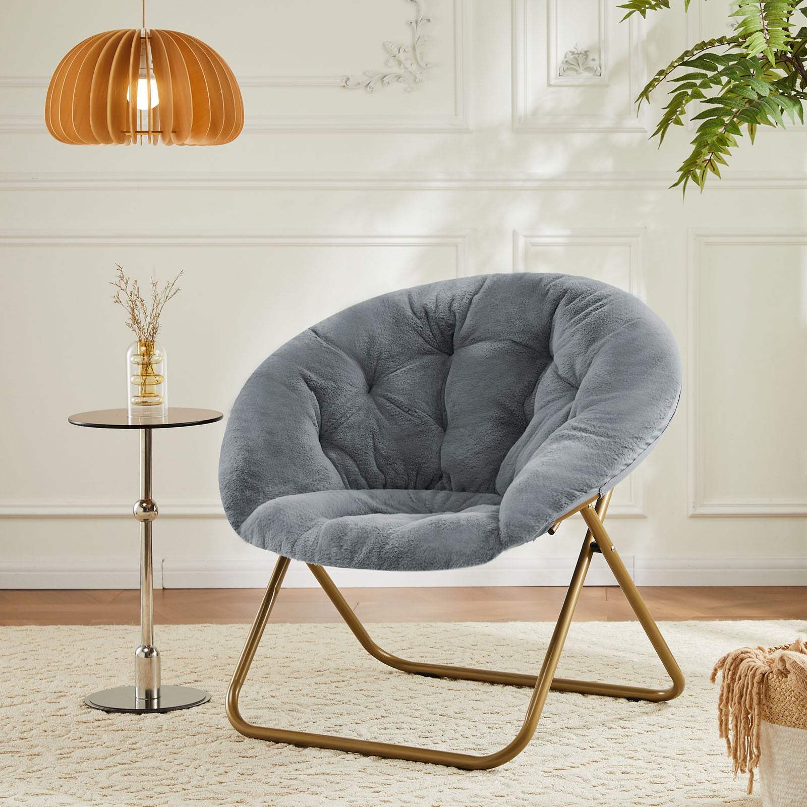 26" Gray and Bronze Tufted Faux Fur and Metal Folding Lounge Chair - HomeRoots - Flyclothing LLC