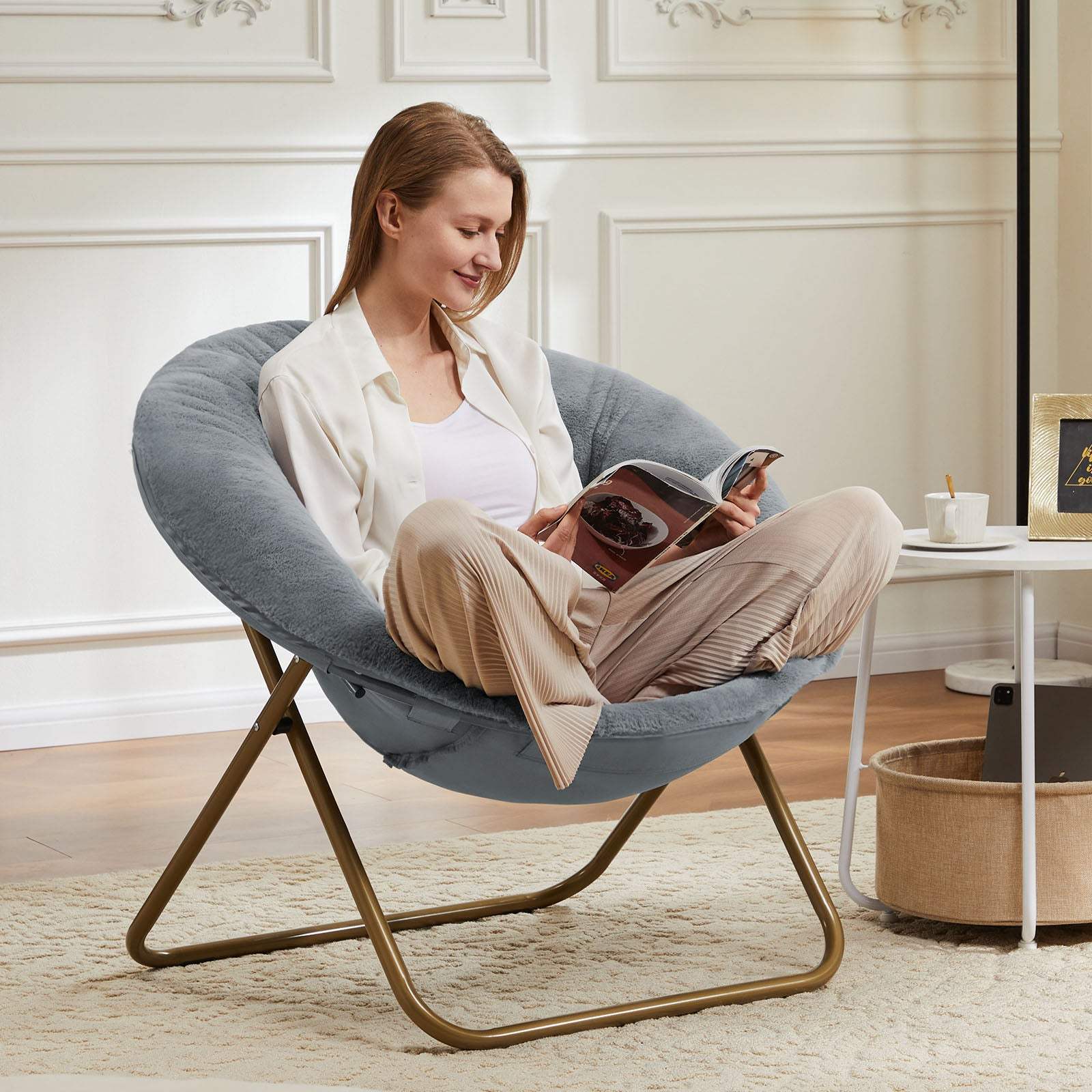 26" Gray and Bronze Tufted Faux Fur and Metal Folding Lounge Chair - HomeRoots - Flyclothing LLC