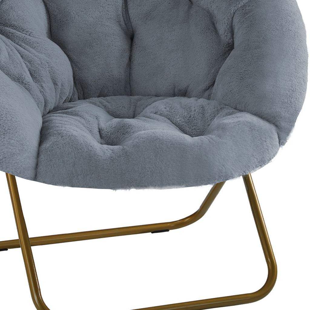 26" Gray and Bronze Tufted Faux Fur and Metal Folding Lounge Chair - HomeRoots - Flyclothing LLC