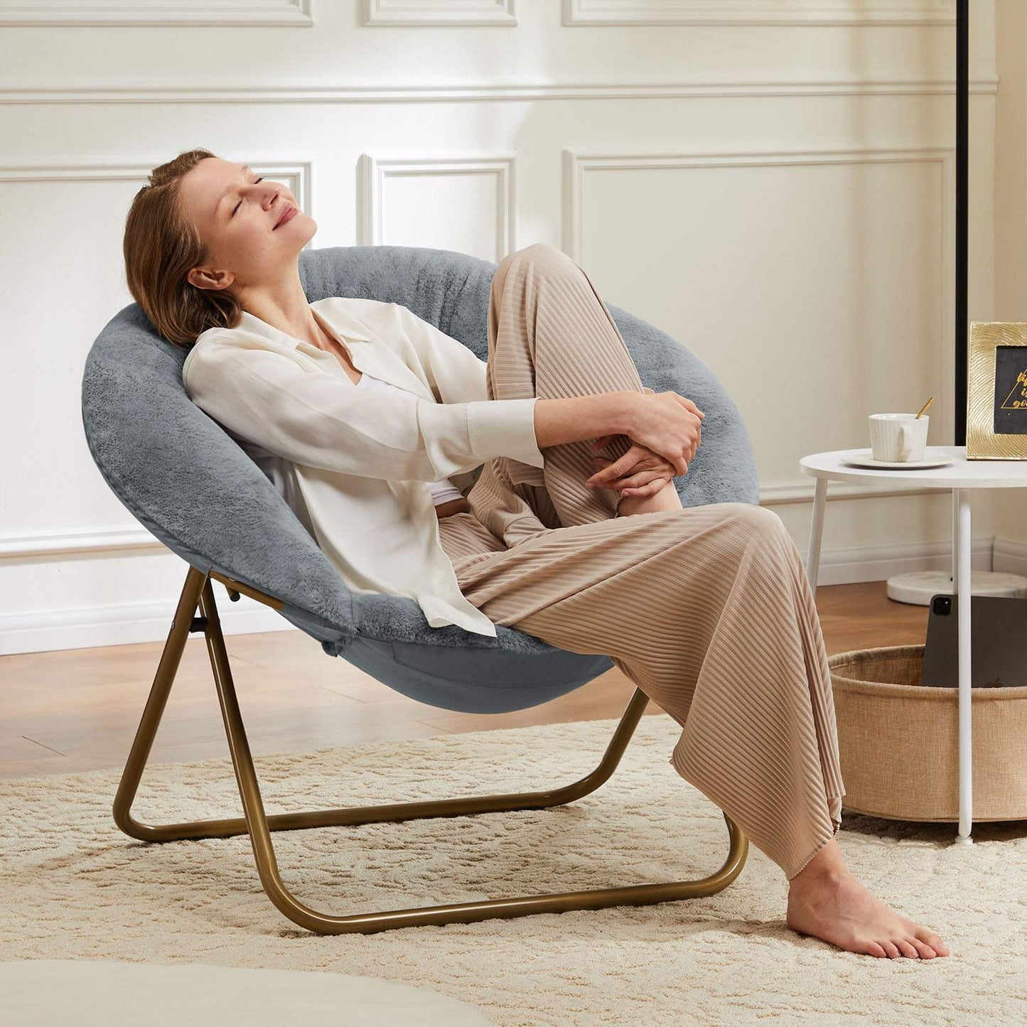 26" Gray and Bronze Tufted Faux Fur and Metal Folding Lounge Chair - HomeRoots - Flyclothing LLC