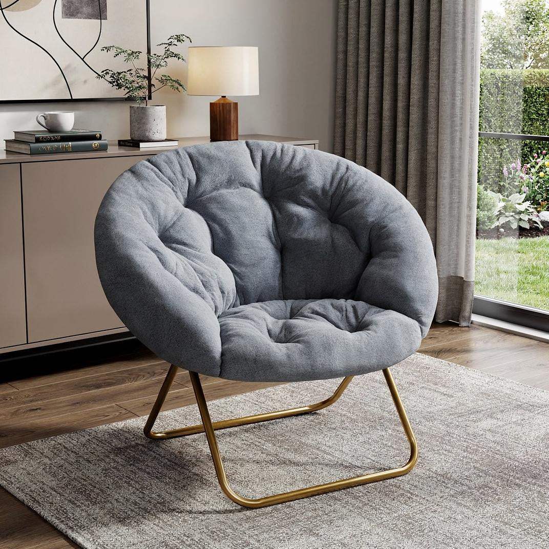 26" Gray and Bronze Tufted Faux Fur and Metal Folding Lounge Chair - HomeRoots - Flyclothing LLC