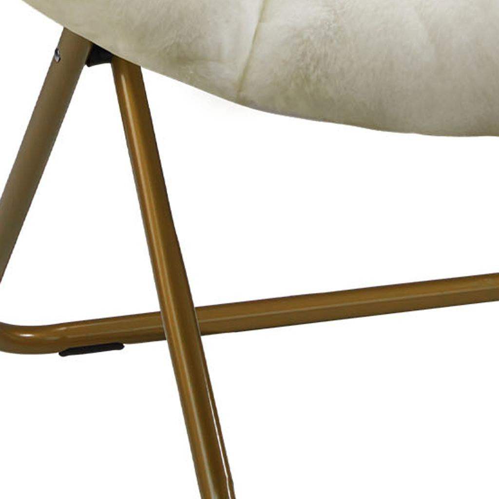 26" White and Bronze Tufted Faux Fur and Metal Lounge Chair - HomeRoots - Flyclothing LLC