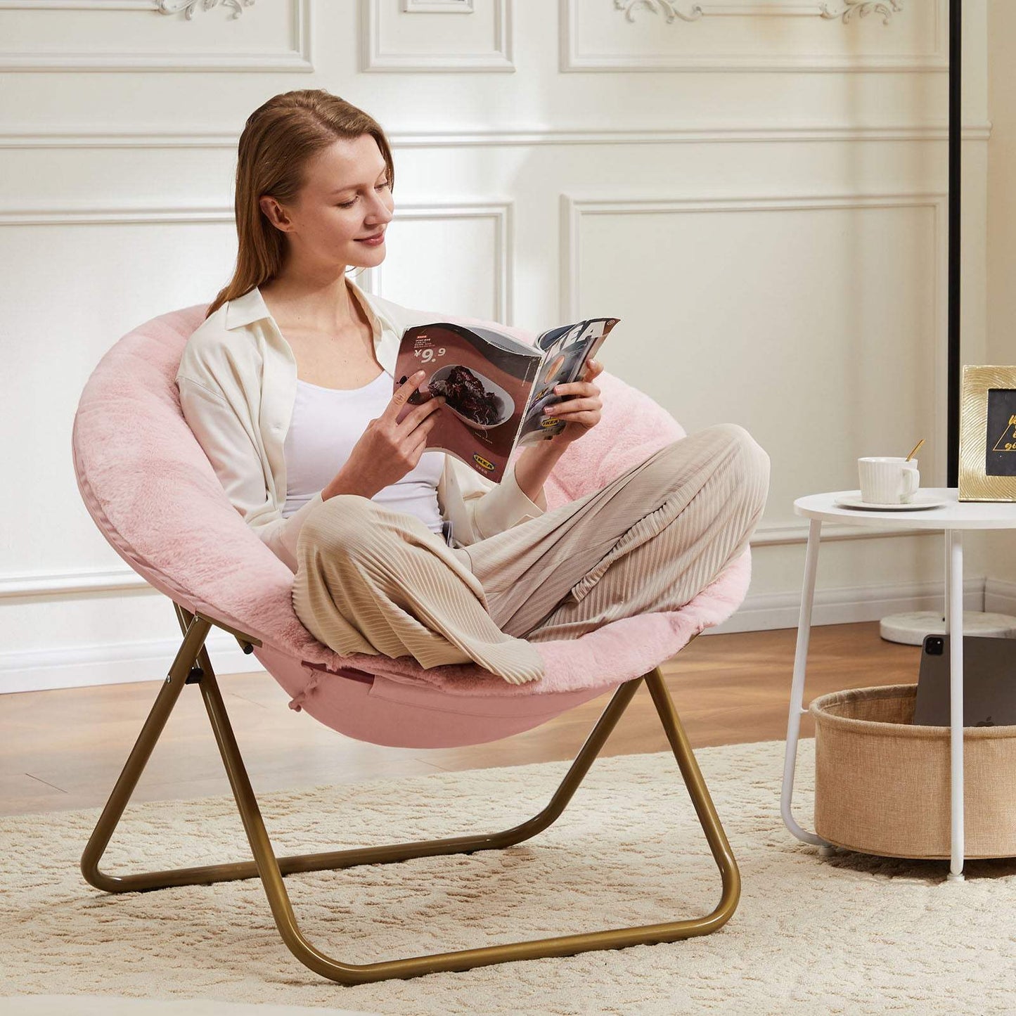 26" Pink and Bronze Tufted Faux Fur and Metal Folding Lounge Chair - HomeRoots - Flyclothing LLC