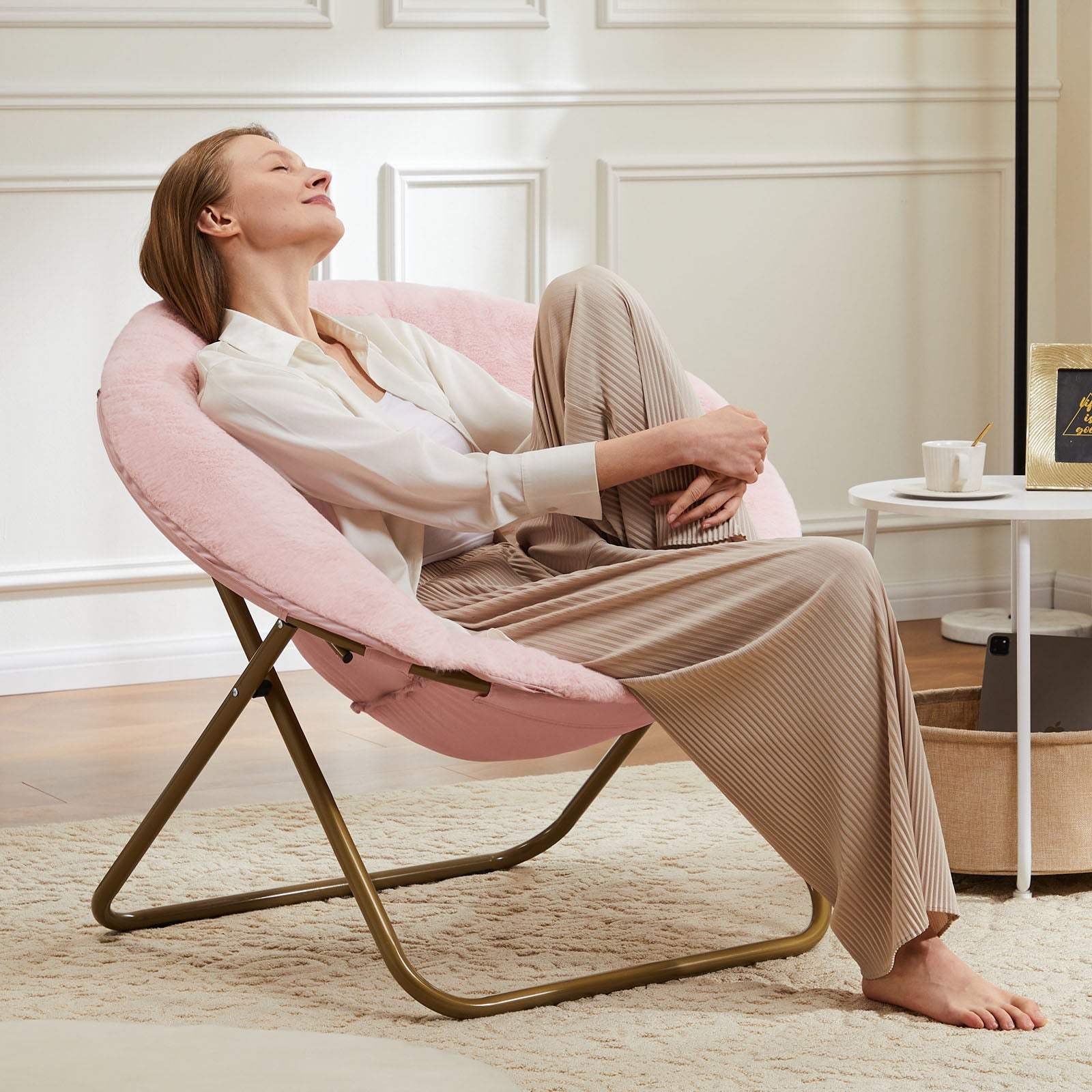 26" Pink and Bronze Tufted Faux Fur and Metal Folding Lounge Chair - HomeRoots - Flyclothing LLC