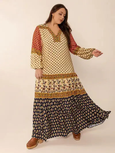 Plus Size Printed V-Neck Long Sleeve Maxi Dress - Trendsi - Flyclothing LLC
