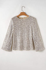 Cutout Sequin Round Neck Long Sleeve Blouse - Trendsi - Flyclothing LLC