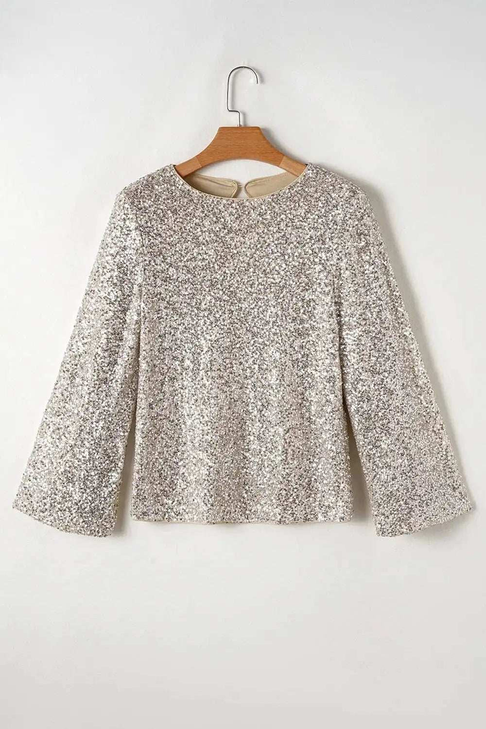 Cutout Sequin Round Neck Long Sleeve Blouse - Trendsi - Flyclothing LLC