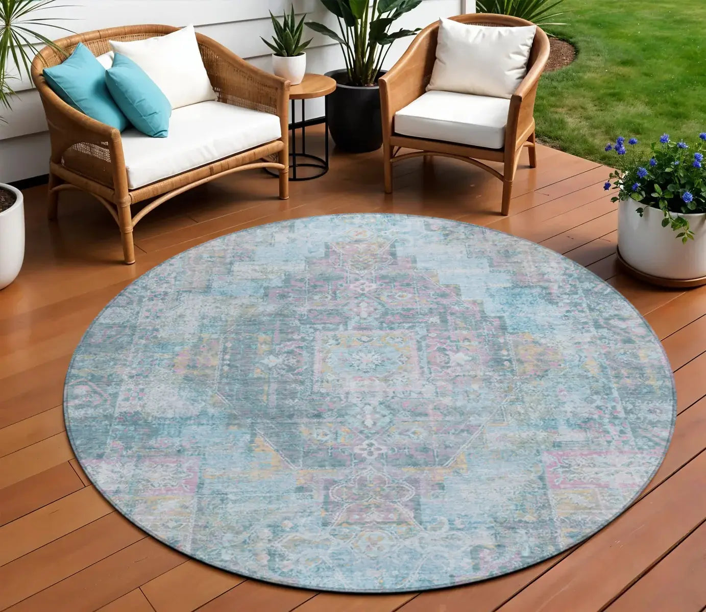 8' Blue And Pink Round Medallion Washable Indoor Outdoor Area Rug - Homeroots - Flyclothing LLC