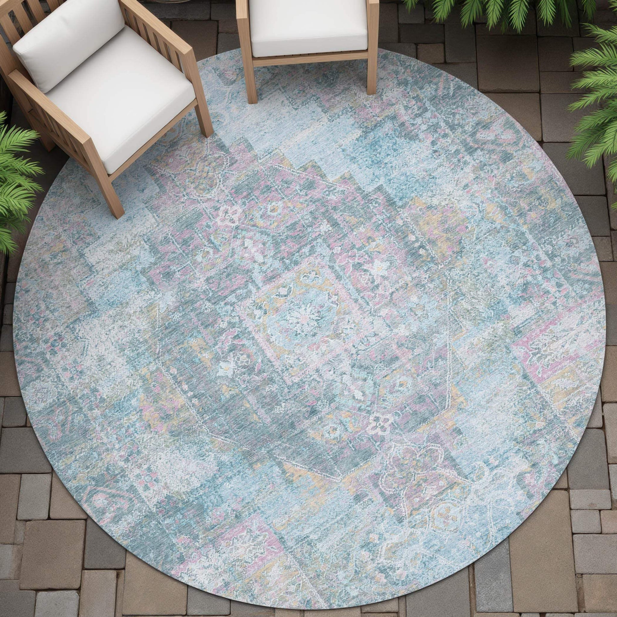 8' Blue And Pink Round Medallion Washable Indoor Outdoor Area Rug - Homeroots - Flyclothing LLC