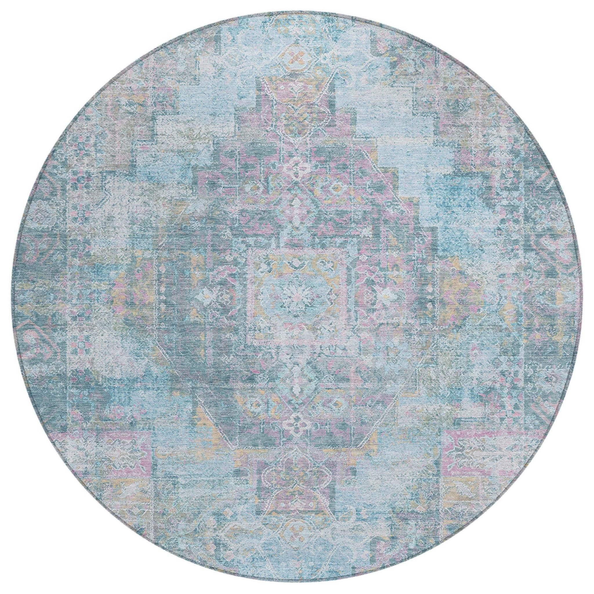 8' Blue And Pink Round Medallion Washable Indoor Outdoor Area Rug - Homeroots - Flyclothing LLC