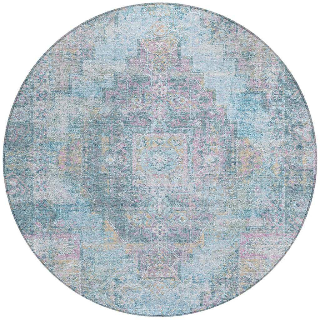 8' Blue And Pink Round Medallion Washable Indoor Outdoor Area Rug - Homeroots - Flyclothing LLC