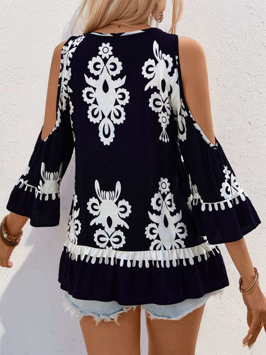 Tassel Printed Tie Neck Cold Shoulder Blouse - Trendsi - Flyclothing LLC