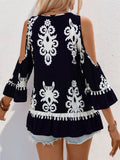 Tassel Printed Tie Neck Cold Shoulder Blouse - Trendsi