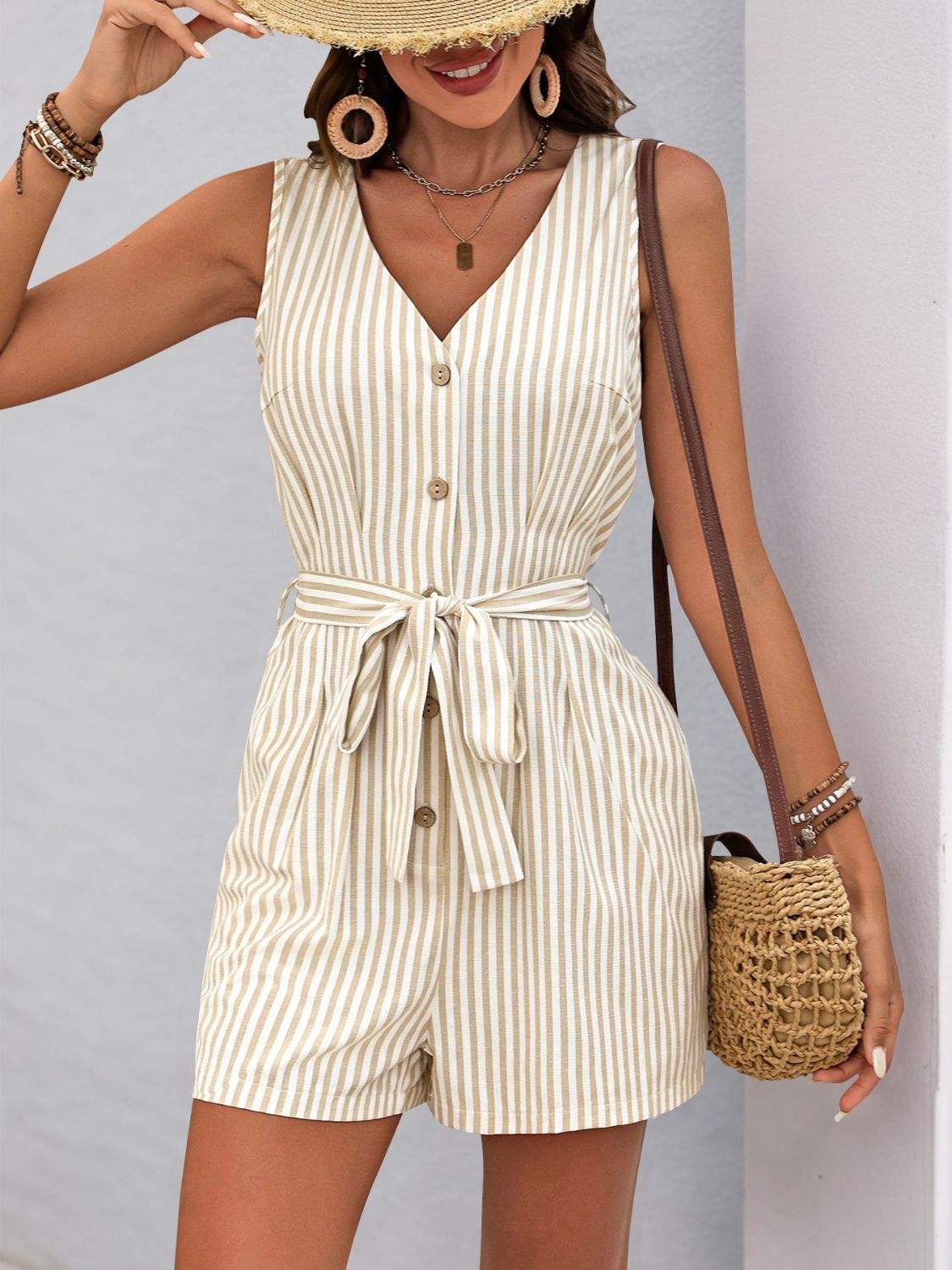 Perfee Striped V-Neck Tie Waist Romper - Trendsi - Flyclothing LLC