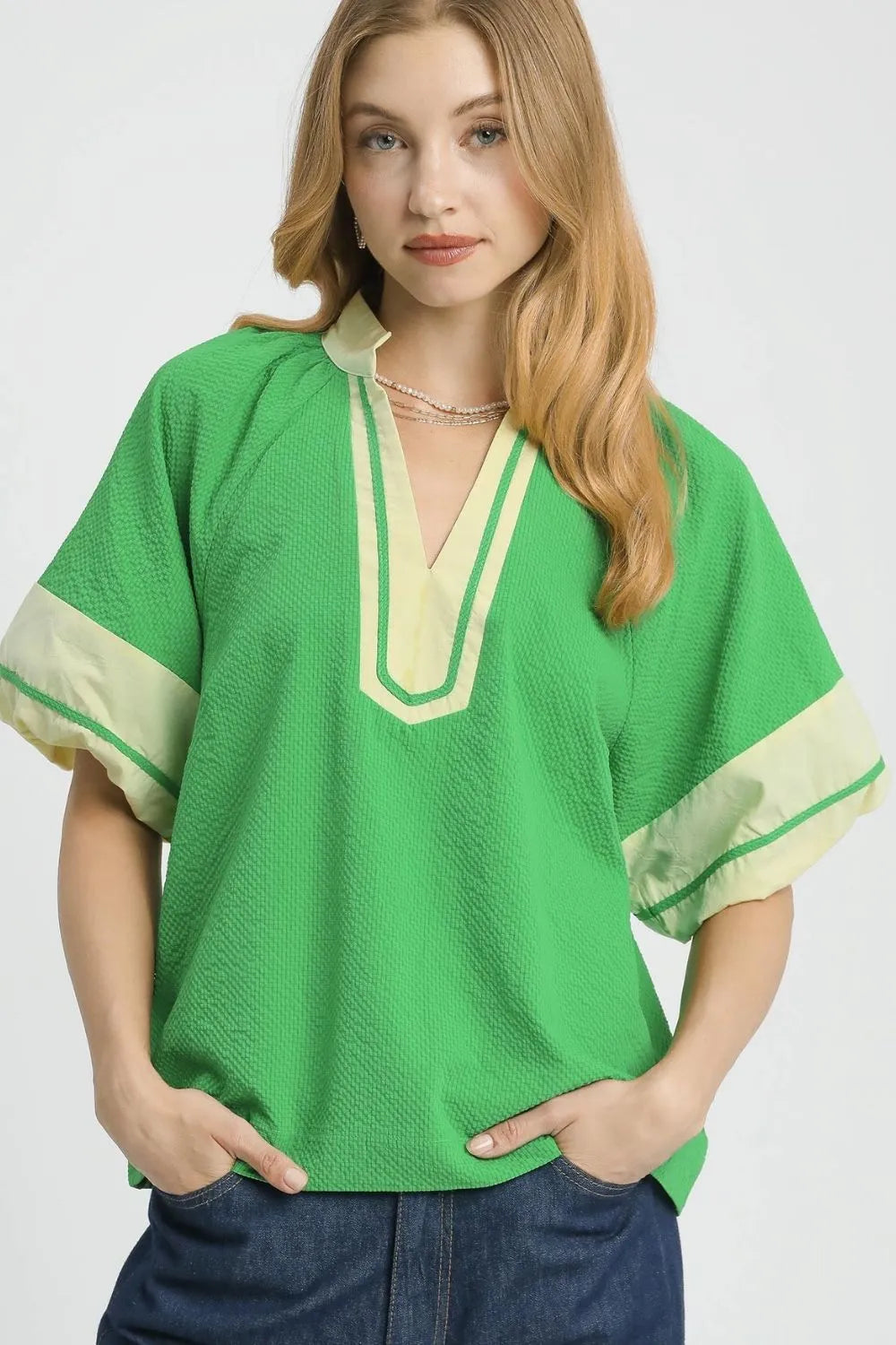 Umgee Contrast Trim Notched Puff Sleeve Blouse - Trendsi