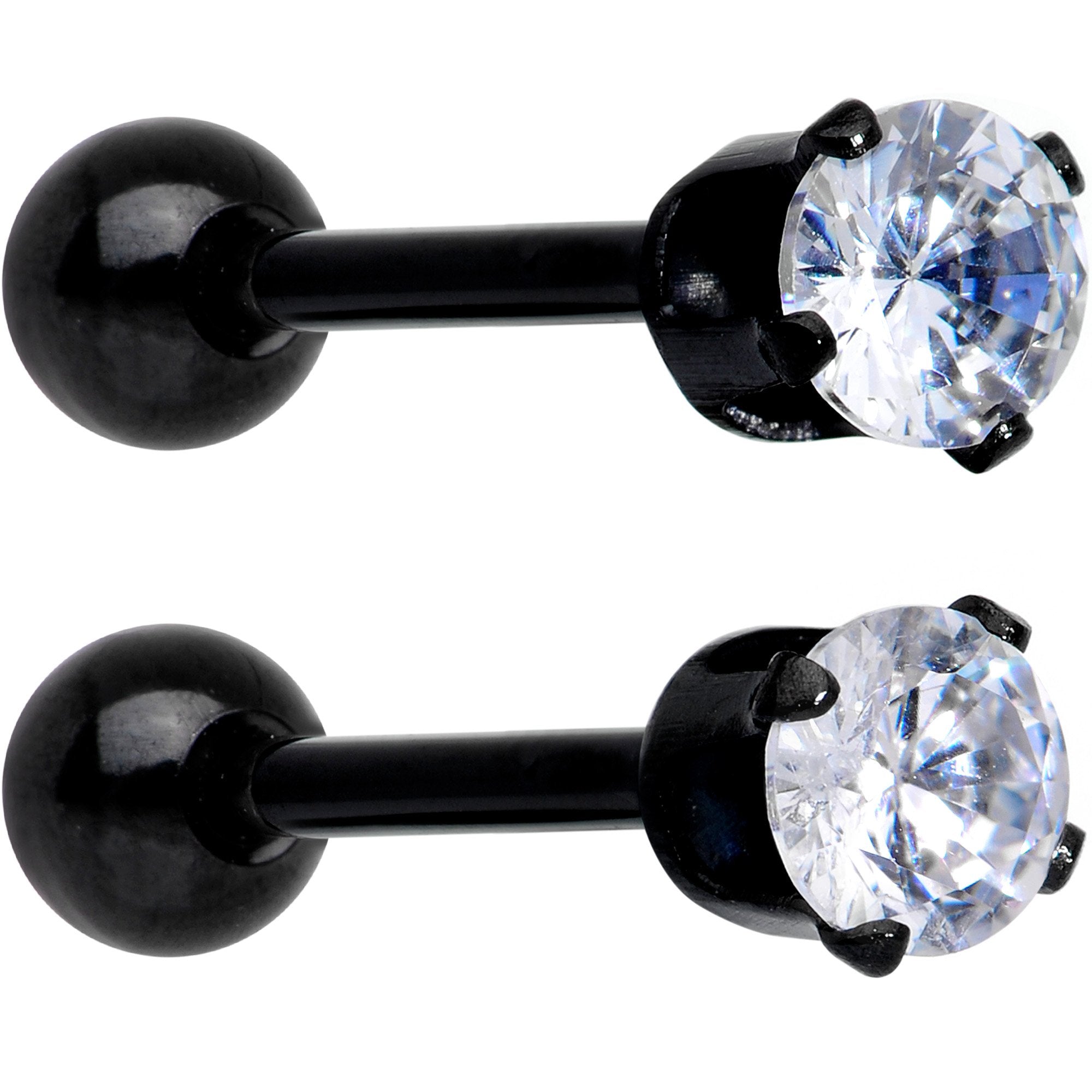 16G 3/8 Clear Gem Black Anodized Titanium Cartilage Tragus Earring 2 Pack Set - BodyCandy - Flyclothing LLC