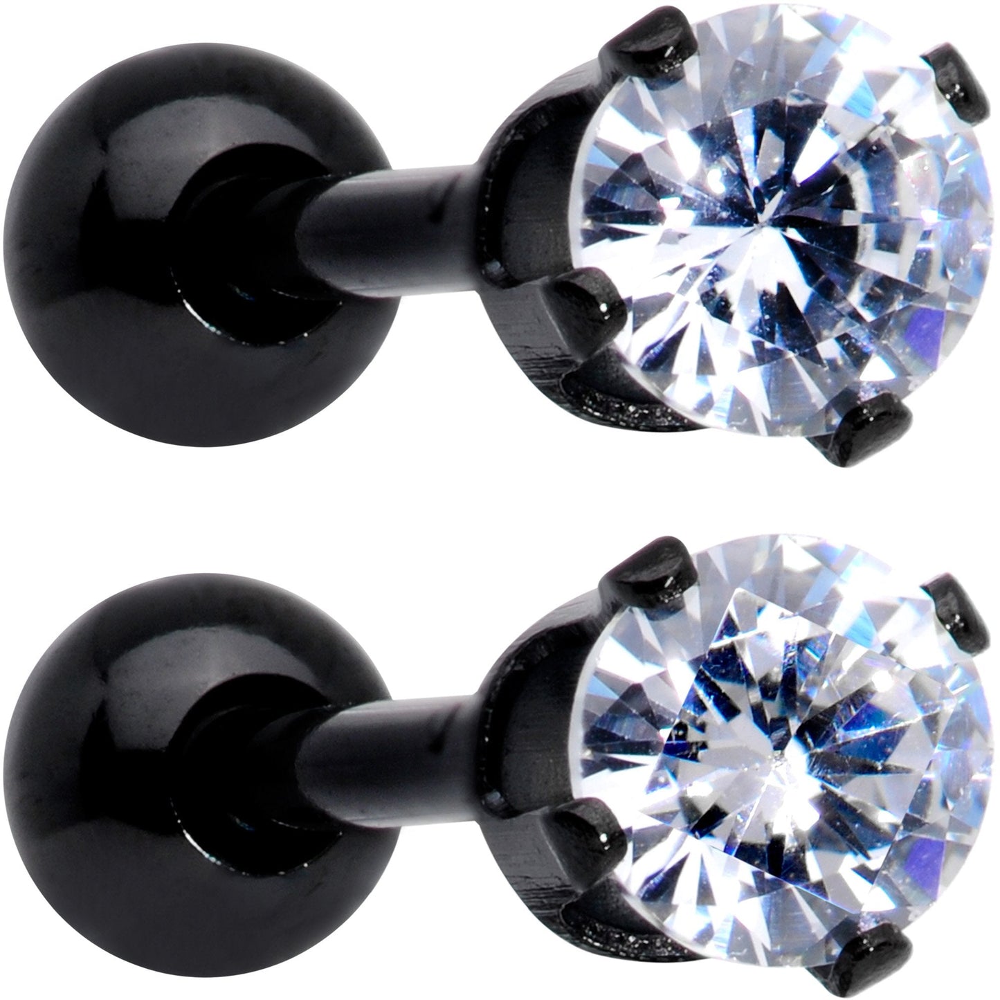 16G 3/8 Clear Gem Black Anodized Titanium Cartilage Tragus Earring 2 Pack Set - BodyCandy - Flyclothing LLC