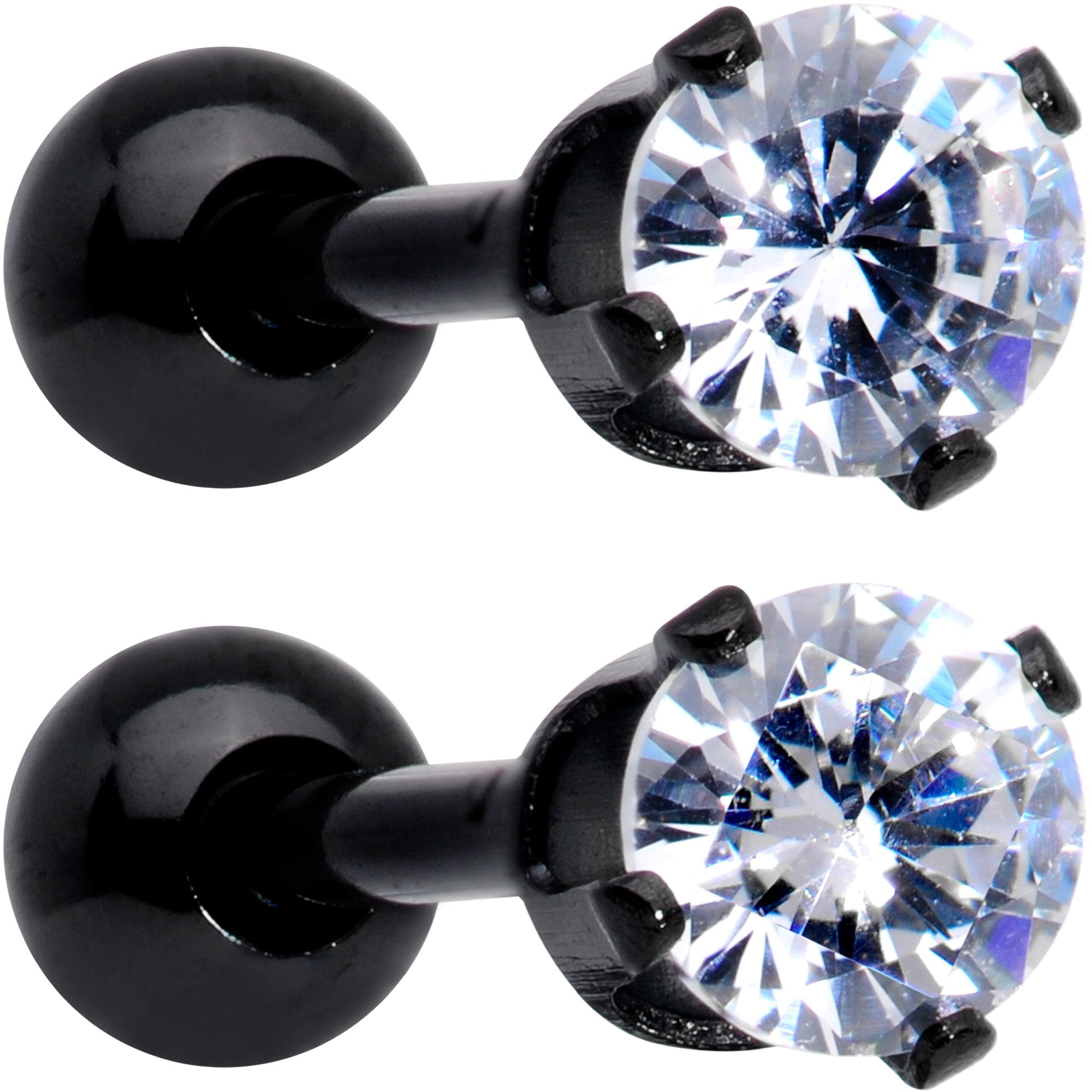 16G 3/8 Clear Gem Black Anodized Titanium Cartilage Tragus Earring 2 Pack Set - BodyCandy - Flyclothing LLC