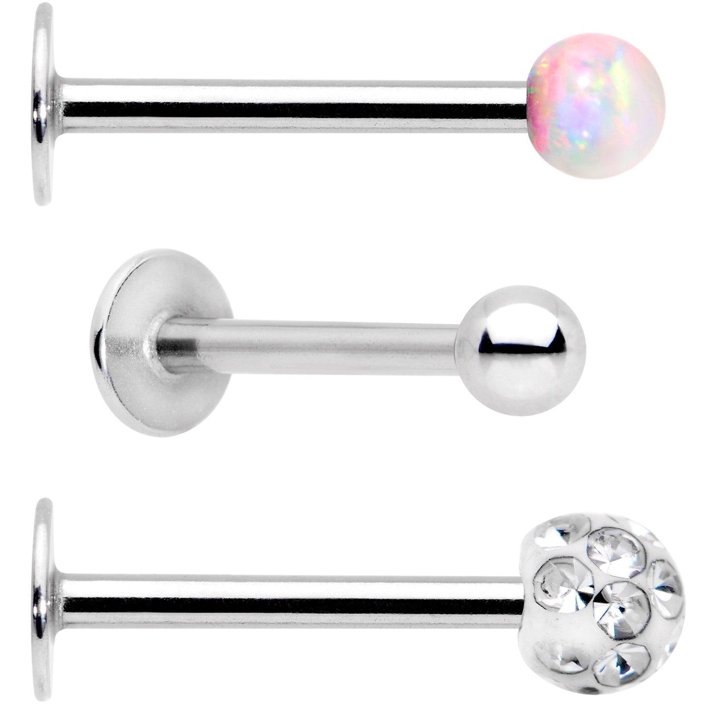 16G 3/8 White Faux Opal Ball Labret Monroe Tragus 3 Pack Set - BodyCandy - Flyclothing LLC