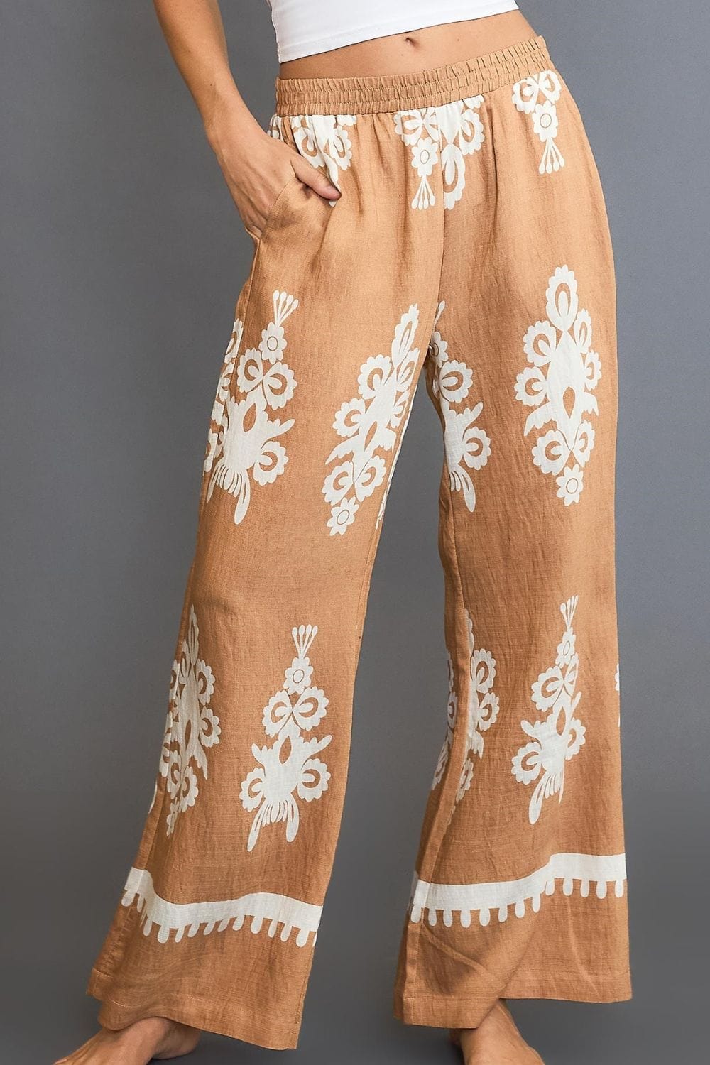 Umgee Full Size Border Print Wide Leg Pants Plus Size - Trendsi