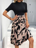 Perfee Tied Printed Mock Neck Short Sleeve Dress - Trendsi
