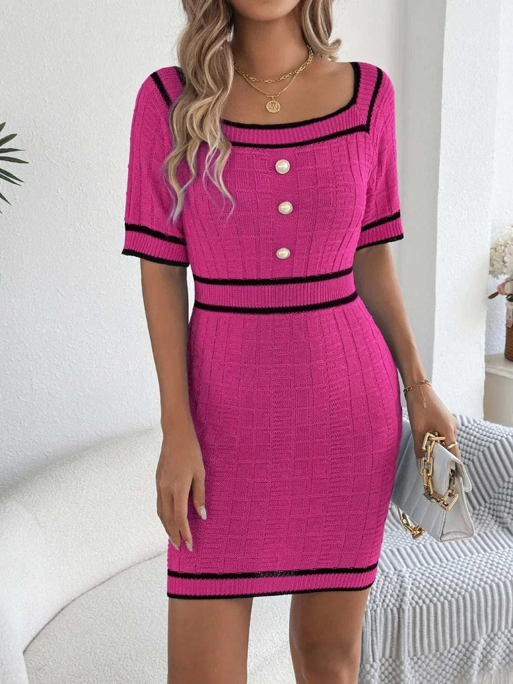 Decorative Button Short Sleeve Sweater Dress - Trendsi - Flyclothing LLC