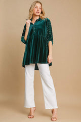 Umgee Pearl Detail Half Sleeve Velvet Babydoll Blouse - Trendsi - Flyclothing LLC